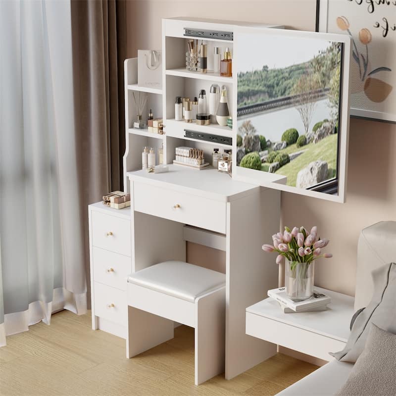 Small Space Left Bedside Cabinet Vanity Table + Cushioned Stool