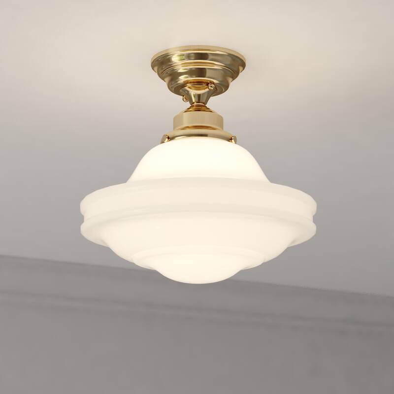Huntley Farmhouse Semi-flush Mount Ceiling Light with White Schoolhouse Glass - Natural Brass - 12-in W x 11.75-in H x 12-in D