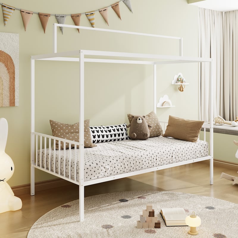 3-in-1 Convertible Metal Bed for Kids, Toddler Floor Bed, Fenced Bed and Montessori Elevated Bed with House-shaped Frame