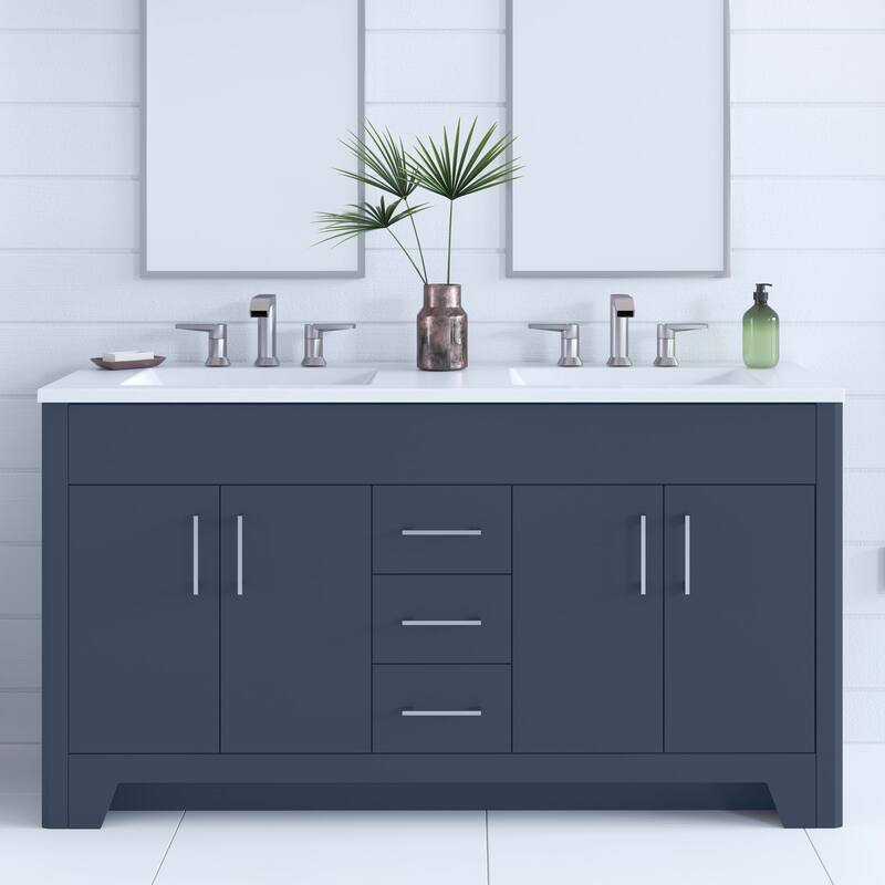 Spring Mill Cabinets Salil 60" Double-Sink Vanity With 2 Cabinets, 3 Drawers, and White Sink Top - Deep Blue