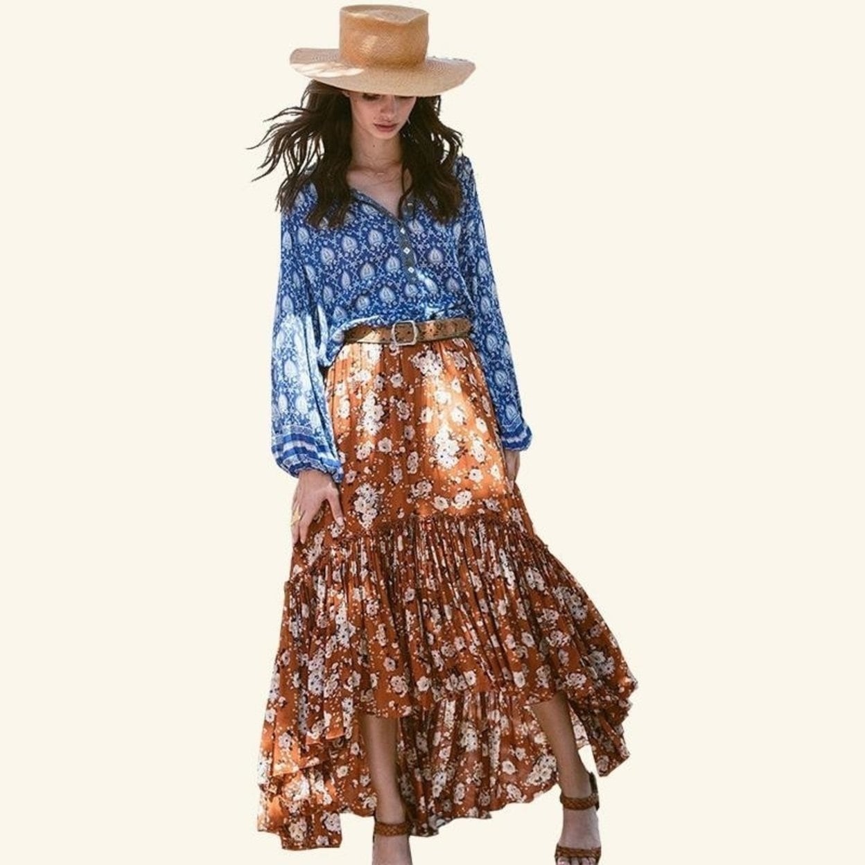 Asher Womens Bohemian Style Elastic Waist Band Cotton Linen Long Maxi Skirt Dress Waist 23.0-35.0