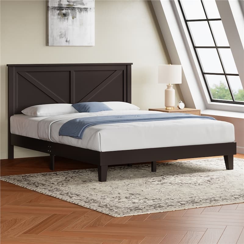 Yaheetech Farmhouse Wood Bed Platform No Box Spring Needed