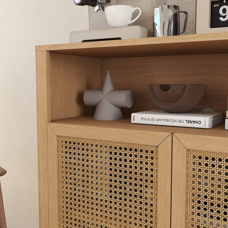 Mid Century Modern 63" Wide 4 - Cane Rattan Door Storage Sideboard with Open Shelf, Wine Bar Credenza for Living Room Entryway