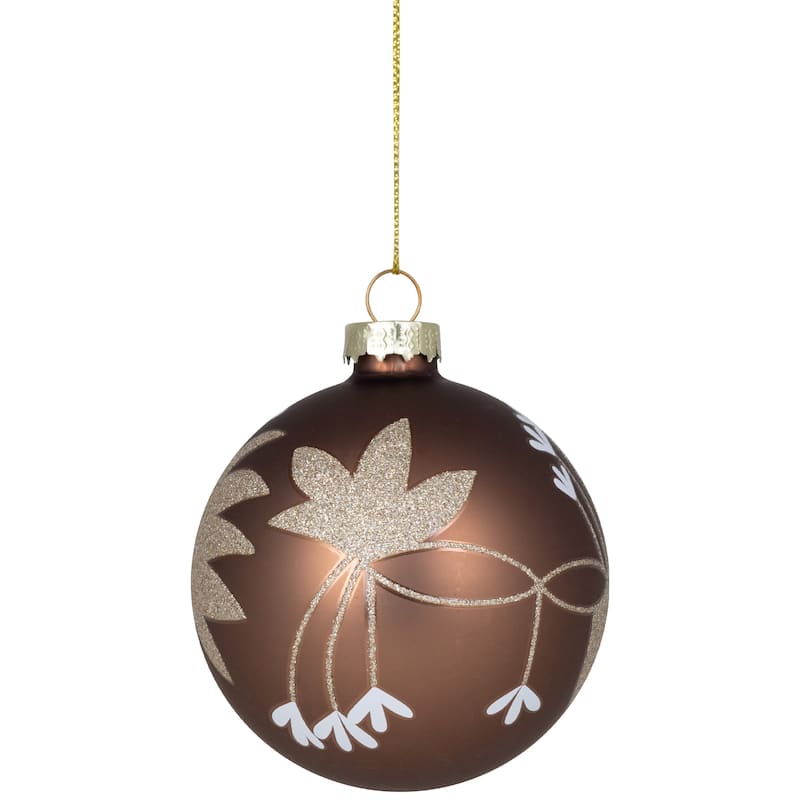 4ct Brown Gold 2-Finish Floral Glass Christmas Ball Ornaments 3.25"