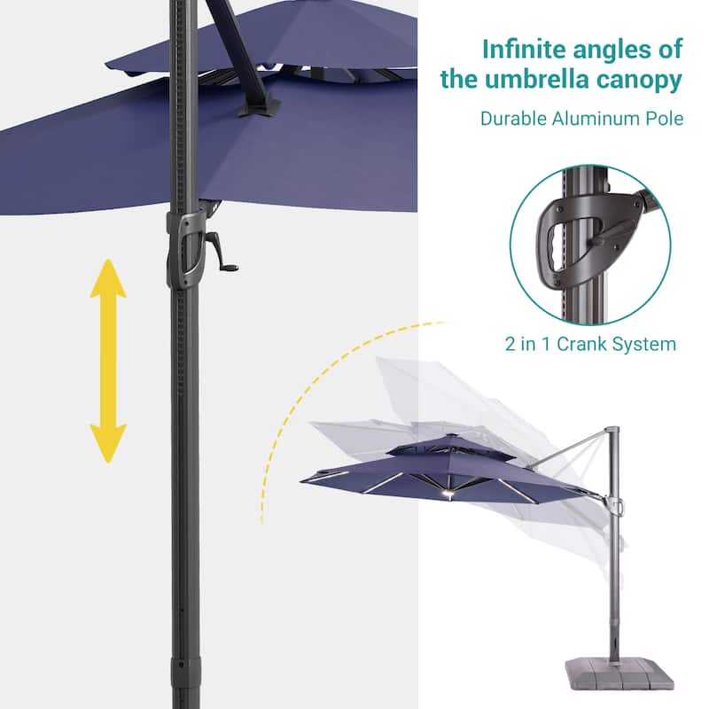 BONOSUKI 11Ft LED Double Top Aluminum LED Cantilever Patio Umbrella with Base for Patio Deck Garden, Red