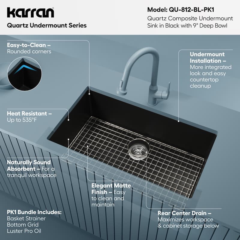Karran Undermount 32.5 in. Large Single Bowl Quartz Kitchen Sink Kit