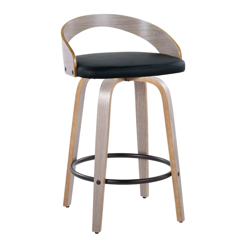 Carson Carrington Stavanger 26" Fixed-Height Counter Stool with Bent Wood Legs & Round Footrest (Set of 2) - Black PU/Light Grey Wood/Black Metal