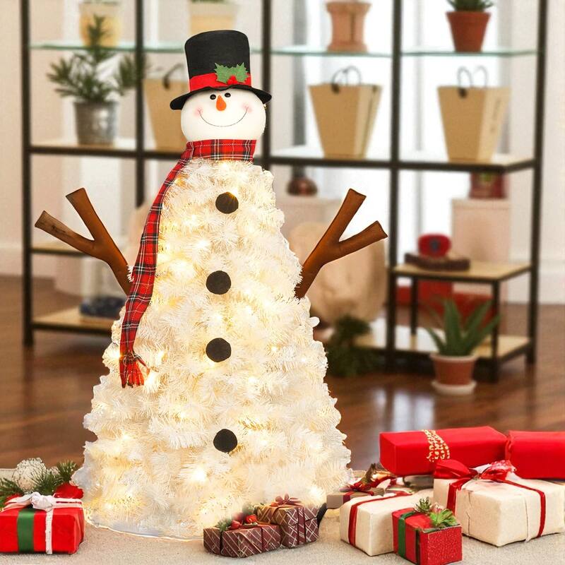 4FT Pre-Lit Snowman Artificial Christmas Tree with 100 LED Lights and 380 PVC Tips, Hinged Holiday Decoration