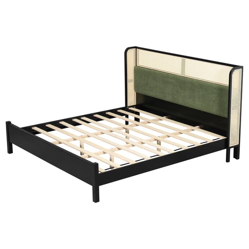 Christopher Knight Home - Mid-Century Upholstered Wood Low-Profile Platform Bed with Rattan Weaving Headboard