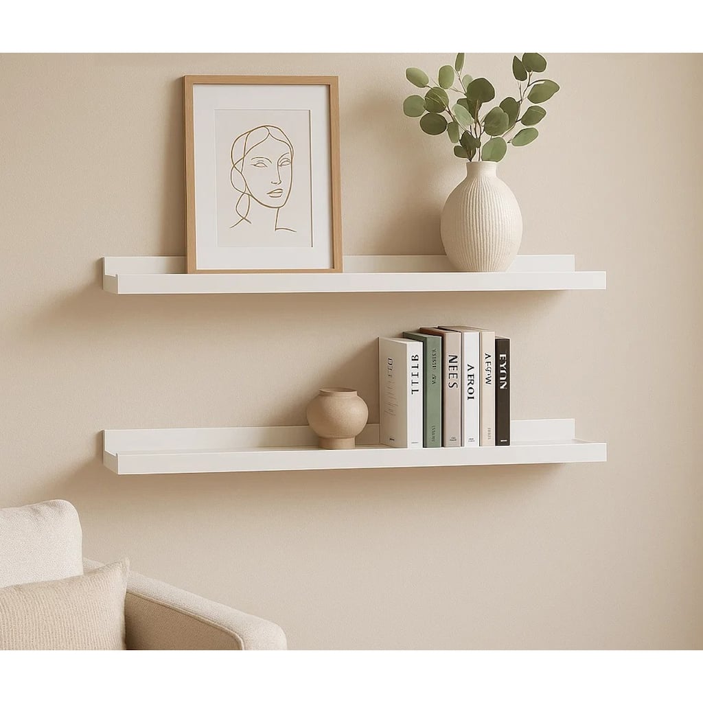 Yuli Wall Shelf Set of 2, Raised Ledge Design, Classic White 32 Inch