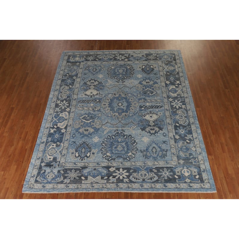 Hand Knotted Oriental 100% Wool Carpet Transitional All-Over Navy Blue & Blues Oushak Area Rug - 11' 1'' X 9' 3''