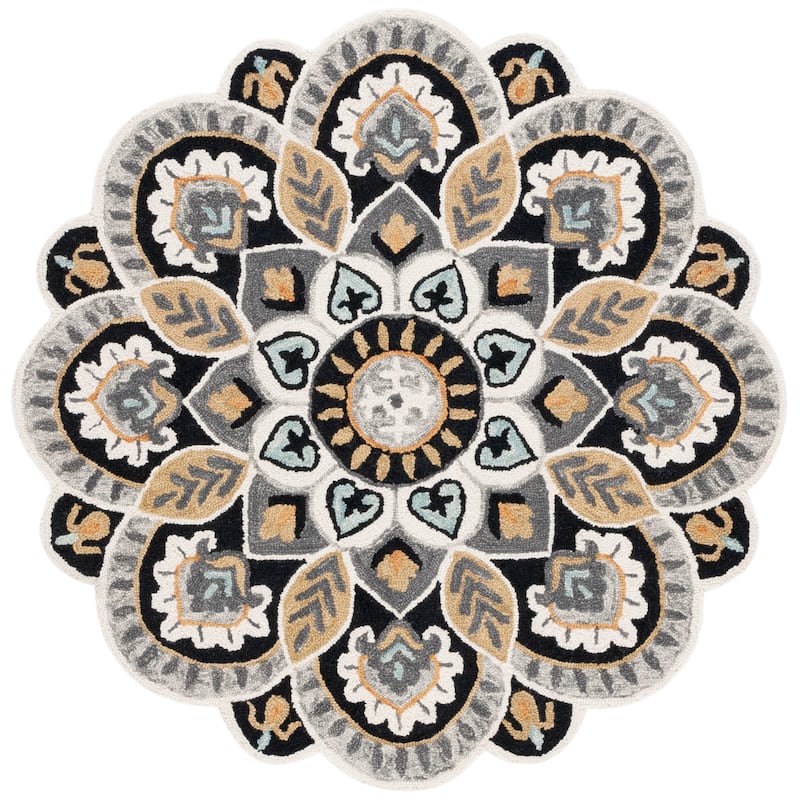 SAFAVIEH Handmade Novelty Sheyla Ornate Flower Wool Rug - 7' Round - Ivory/Black