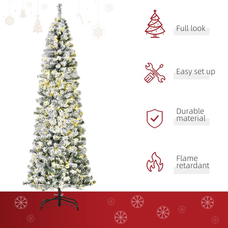 HOMCOM 6FT/7FT/9FT Slim Flocked Christmas Tree with Lights, Skinny Christmas Tree with Stand