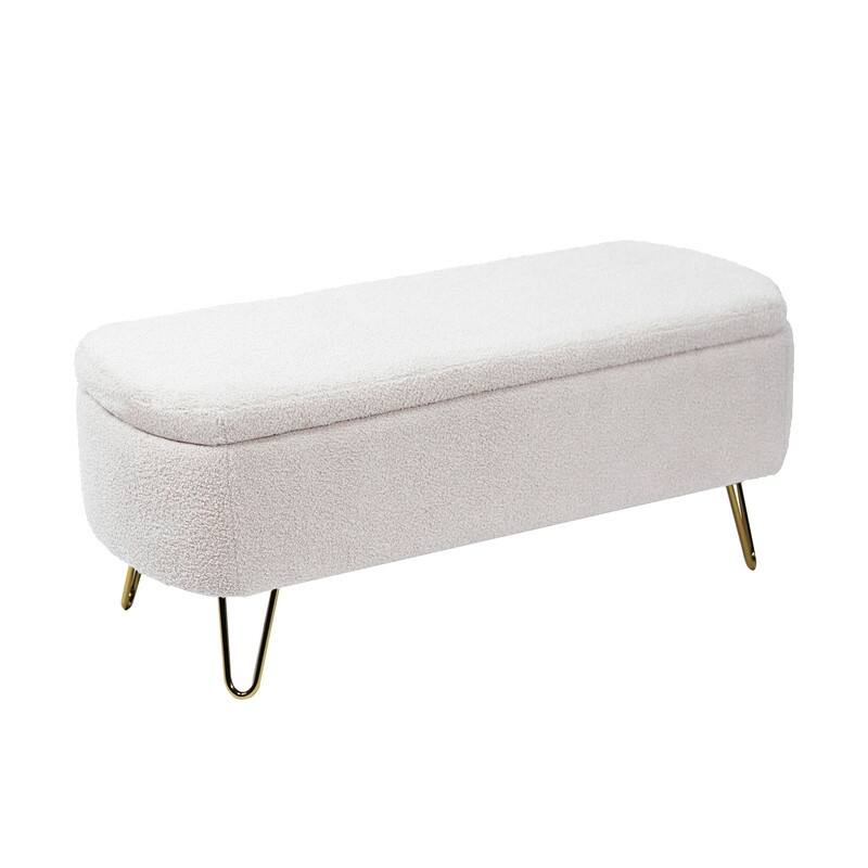 Modern Faux Fur Storage Bench with Gold Legs, Upholstered Ottoman for Living Room and Bedroom