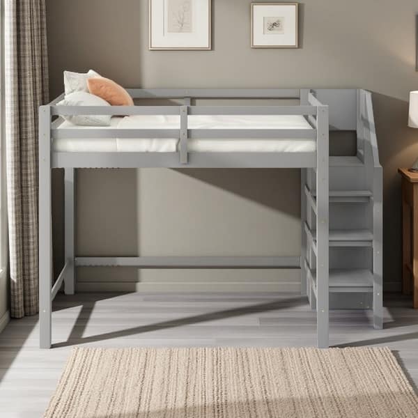 slide 2 of 32, Full Size Loft Bed with Built-in Wardrobe Closet, Storage Staircase, Solid Pine Frame, Space-Saving Design Gray