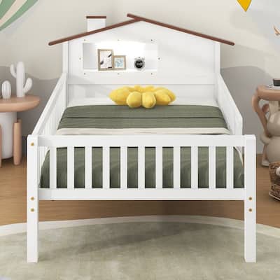 Wood Platform Bed with House-Shaped Headboard