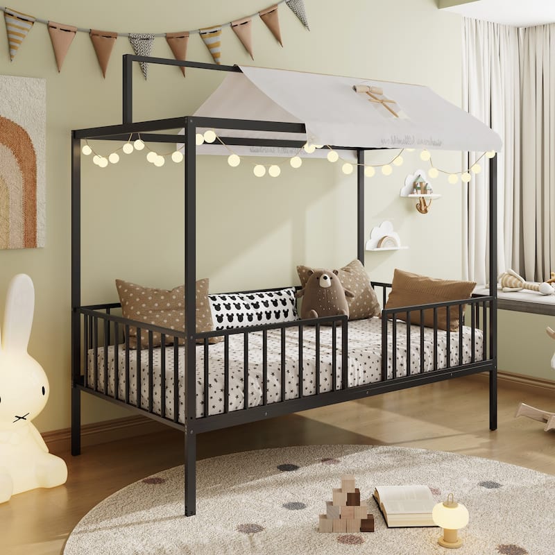 3-in-1 Convertible Montessori Metal floor bed,Fenced toddler bed with Sturdy Metal Slats Support