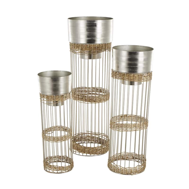 Metal Textured Dome Indoor Planter with Woven Seagrass or Rattan and Cage Rod Base - Set of 3 Gold or Silver - Roche River Decor