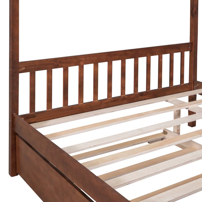 Wooden House Bed with Twin Size Trundle