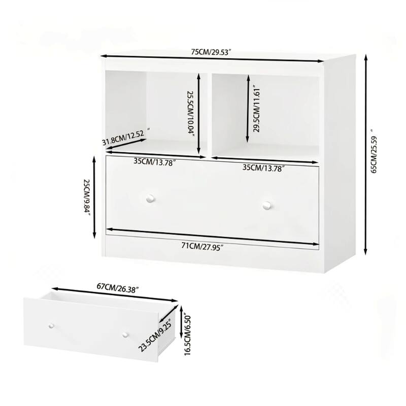 Modern White Storage Cabinet with Open Shelf and Drawer - Kids Playroom and Home Office Organizer