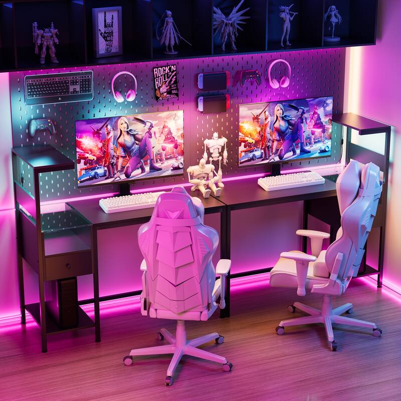 48" Study Writing Desk with Reversible Shelves, USB Charging Ports, LED Lights, and Drawer