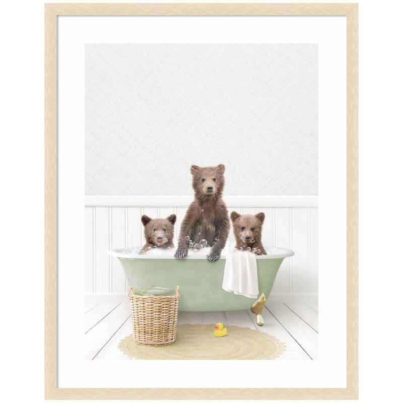 Kate and Laurel Three Bear Cubs in Cottage Green Bath by Amy Peterson Framed Wall Art Print - 27 x 34 - Natural