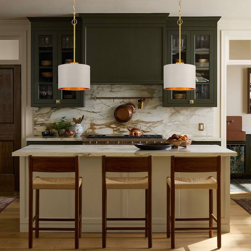 Modern Chandelier Dining Room Pendant Light Fixture Drum Fabric Shade