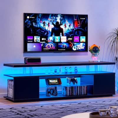 Black Modern 63" LED Gaming TV Stand with Large Side Cabinet and Multi Colored LED Lights for 70 Inch TV