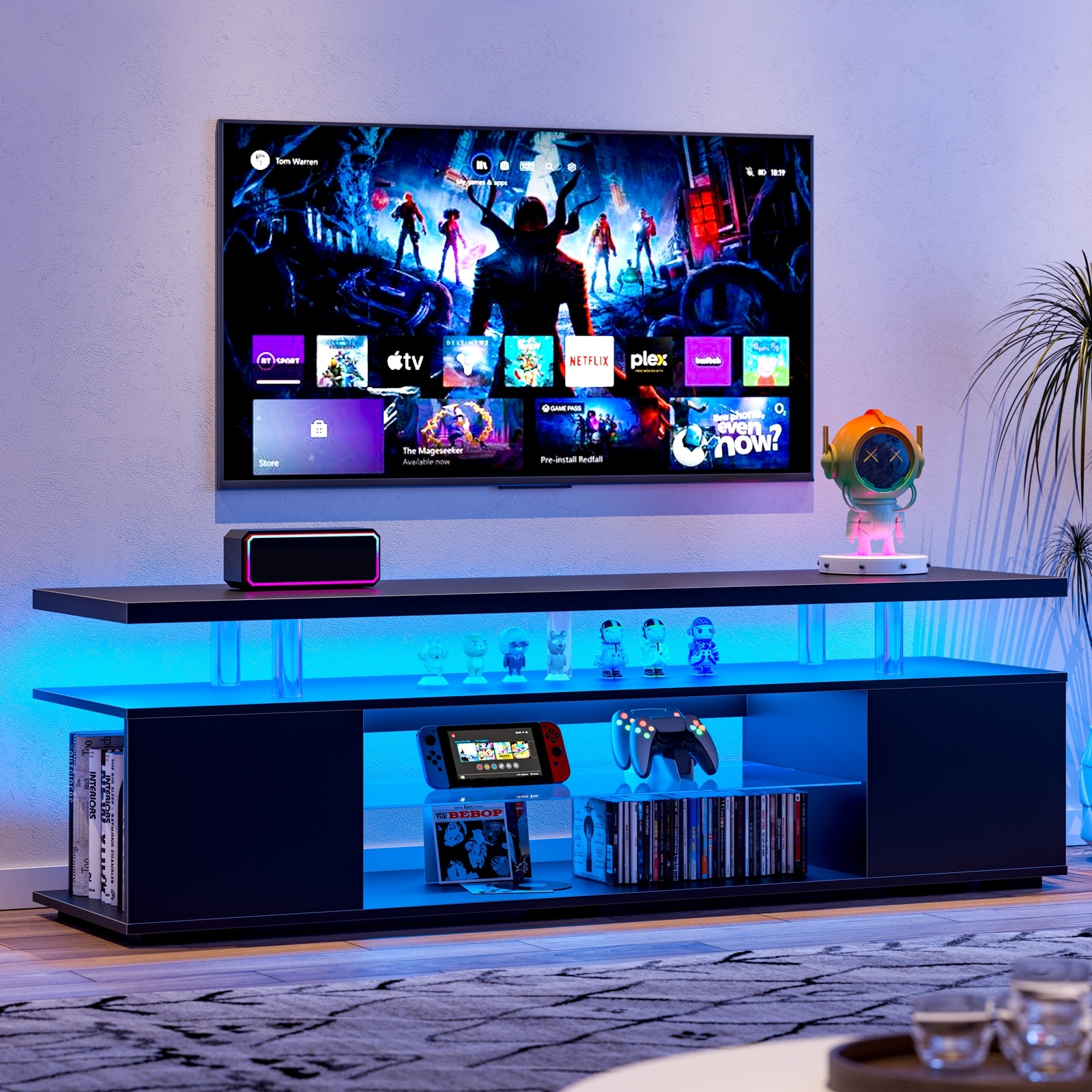 Modern LED TV Stand, Gaming Entertainment Center Media, for 70 Inch TV Table with Large Side Cabinet, for Living Room, Black