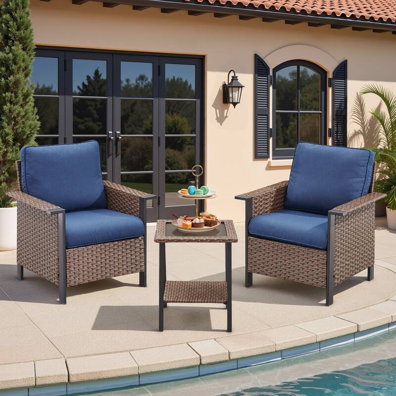 Pocassy Outdoor Wicker Sofa Glider Chair with Ottoman Set - Brown Wicker Blue Cushion - 3-Piece Swivel Chair with Side Table