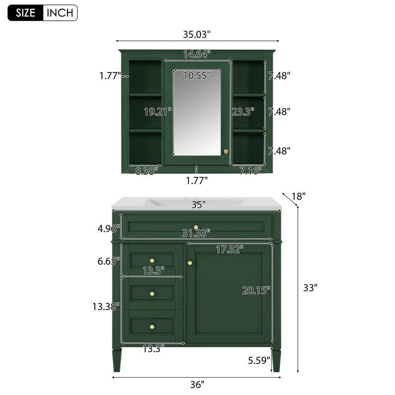 36'' Bathroom Vanity Set with Mirror Cabinet, Modern Bathroom Storage Cabinet with 2 Soft Closing Doors and 4 Drawers