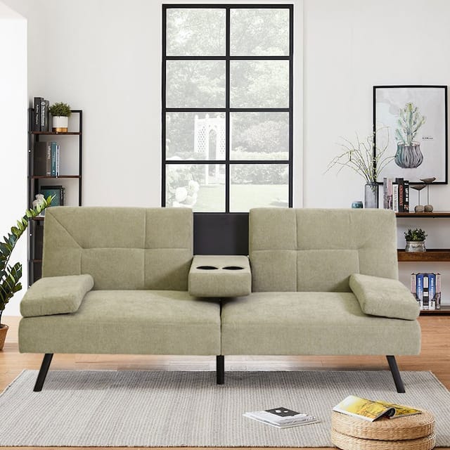 Convertible Futon Sofa Bed, Tufted Split-Back Sleeper Couch with 2 Cup Holders for Living Room, Apartment, Bonus Room - Green