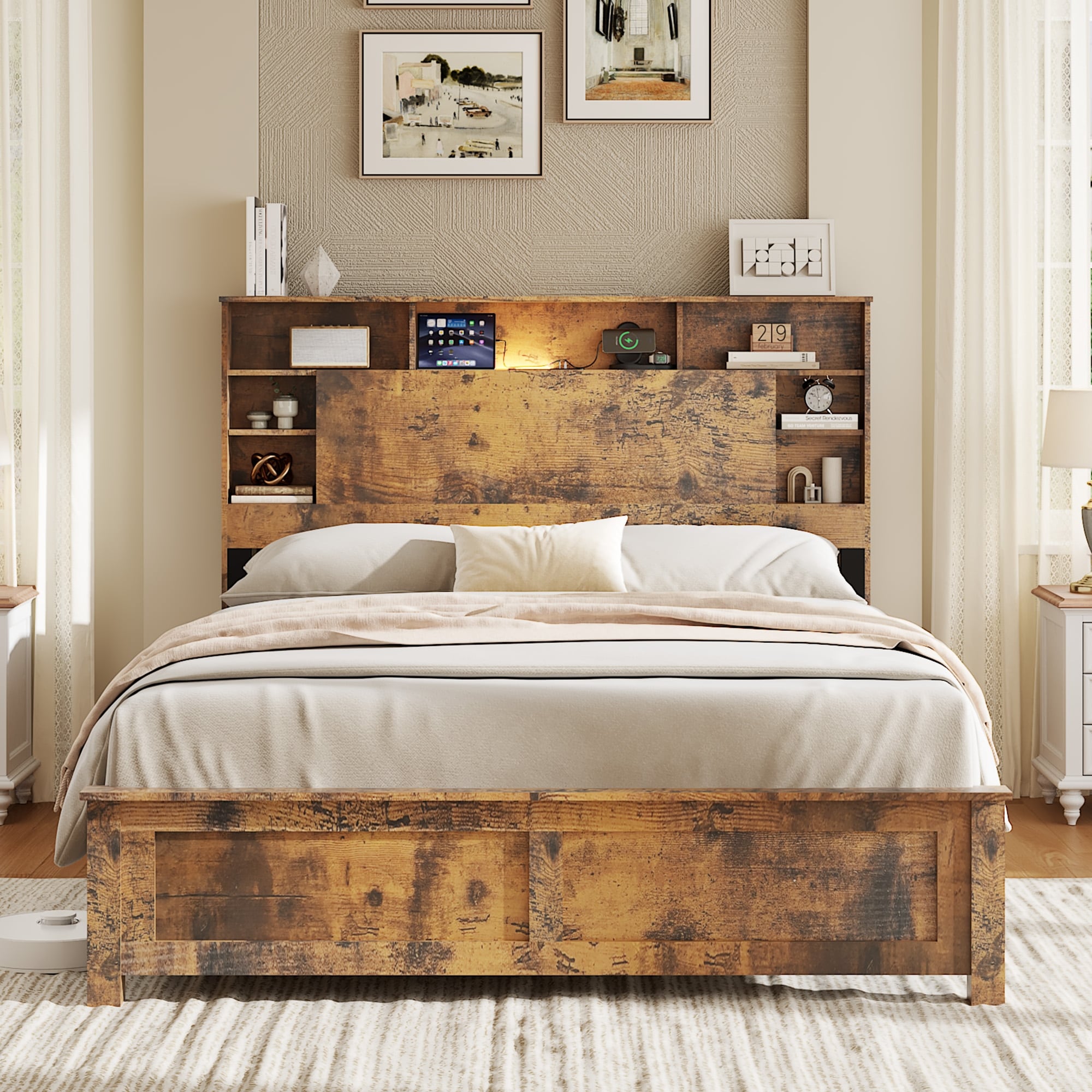 Full/Queen/King Size Bed Frame with Storage Headboard, LED Lights & Charging Station