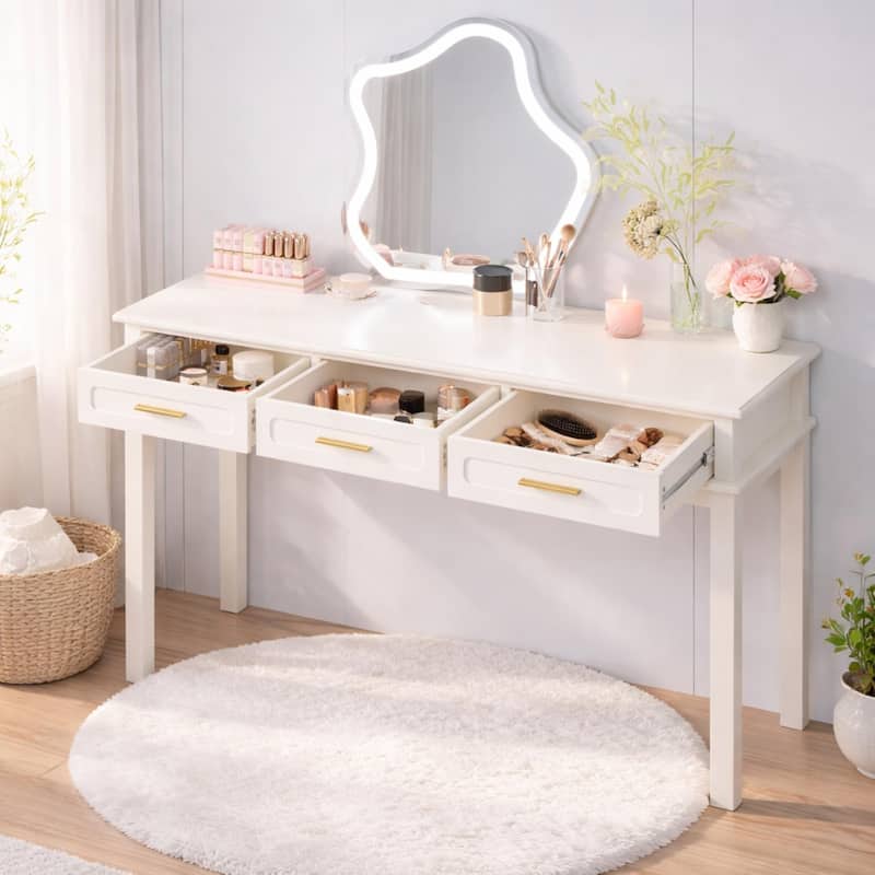 Cream White Vanity Desk with 3 Drawers, Modern Makeup Table or Writing Desk, Multipurpose Dressing Table, No Mirror Included