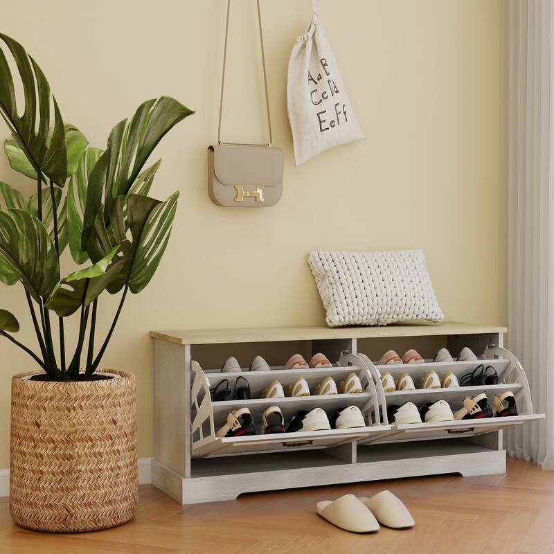 Antique White Shoe Storage Bench Featuring Flip-Up Drawers and Adjustable Shelf for Entryway, Hallway or Bedroom Use