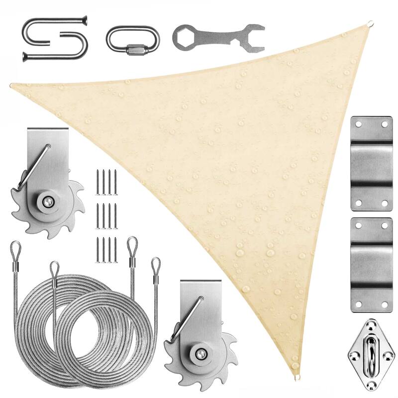 ColourTreeUSA Waterproof Triangle Sun Shade Sail 220 GSM HDPE with Winch Hardware Installation Kit - 16' x 16' x 16' - Beige
