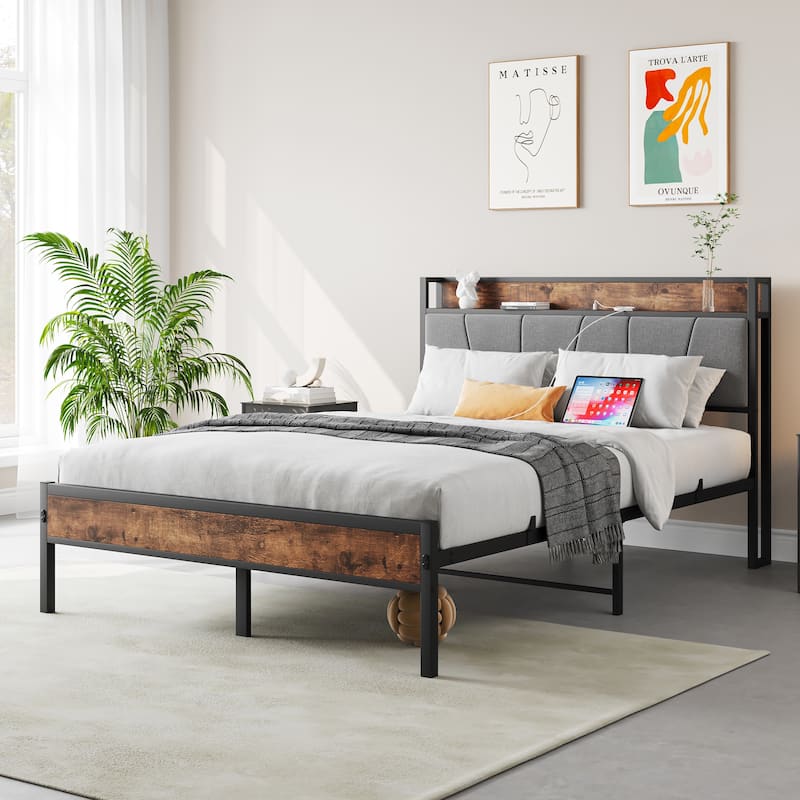 Full Size Bed Storage Headboard with Charging Station - Black