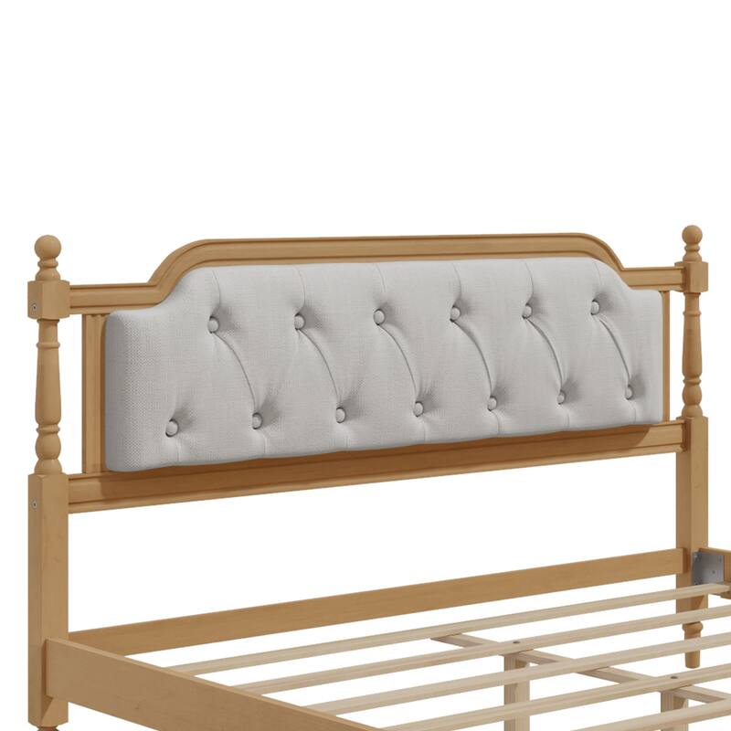 Queen Size Solid Wood Bed Frame with Tufted Upholstered Headboard, No Box Spring Needed, Antique Walnut Finish