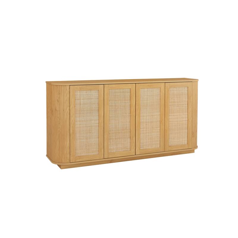 Rattan Buffet Cabinet with Storage, Sideboard Cabinet with 4 Doors, Modern Coffee Bar Station Table, Kitchen Wood Cupboard