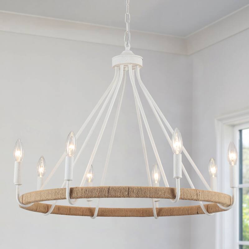 8-Light Hanging Candlestick Wagon Wheel Chandelier Hemp Rope Linear Chandelier Lighting for Kitchen Island - White