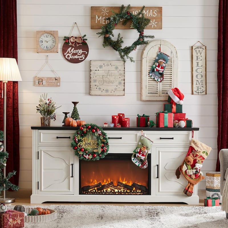 Farmhouse Fireplace TV Stand for Up to 80" TV, Entertainment Center