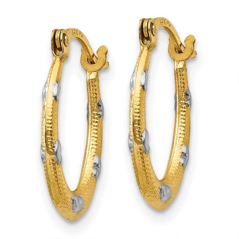 Curata 14k Yellow Gold and Rhodium 2x17mm Textured Oval With Hearts Hoop Earrings