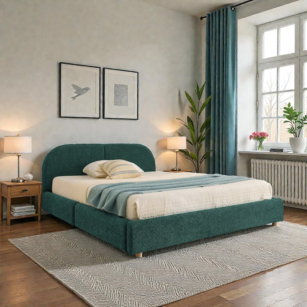 Upholstered Bed Frame with Tall Curved Headboard and Storage Drawers, Modern Minimalist Platform Bed No Box Spring