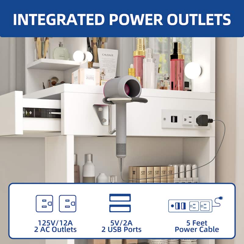 Moasis 40" Makeup Vanity with Mirror and Lighted ,Vanity Table with Power Outlet and 4 Drawers & Storage Shelves
