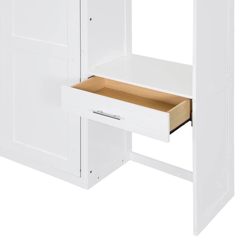Queen Size Wall Murphy Bed, Foldable Platform Bed with Built-in Desk, Top Cabinet, Pull-out Drawer and Storage Shelves