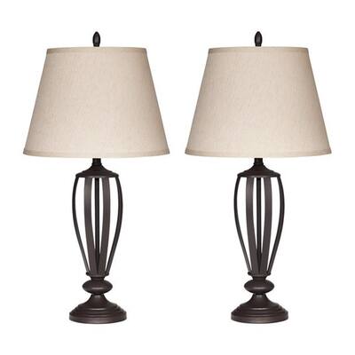 Metal Frame Table Lamp with Fabric Shade, Set of 2, Cream and Bronze