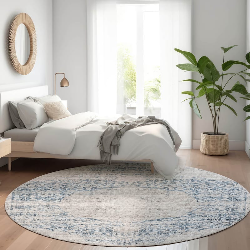 Machine Washable Indoor/ Outdoor Vintage Traditional Chantille Rug - Blue - 8' x 8'