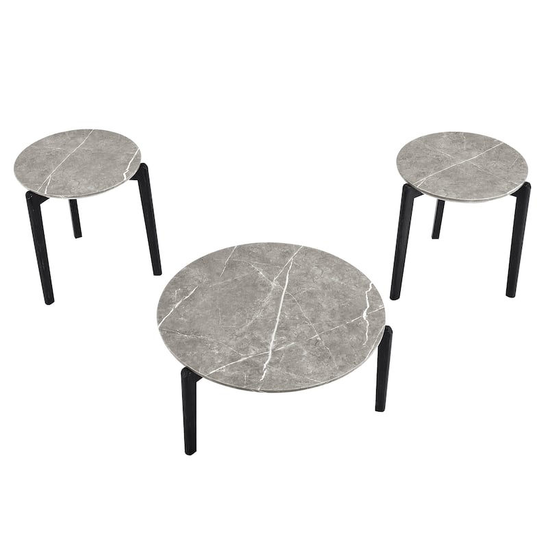 Living Room Coffee Table,36 Inch Round Small Coffee Table,Imitation Marble Tabletop With Rubber Wood Legs,Wooden Coffee Table