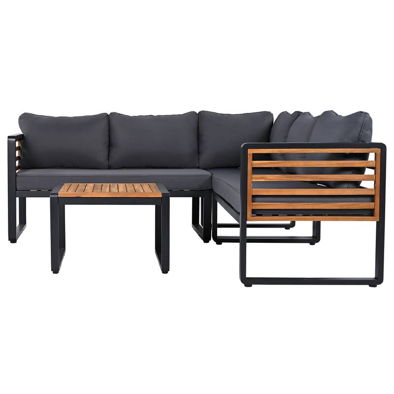 4 Pieces Outdoor Patio Conservation Set, Metal and Wood Frame Sectional L-shaped Sofa with Soft Cushion and a Coffee Tab