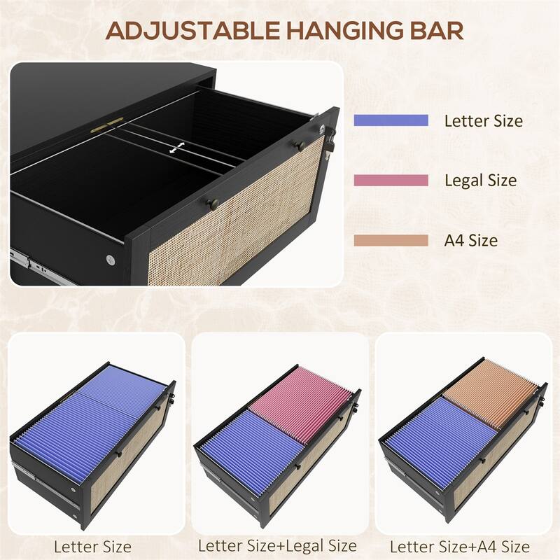 Modern Black Filing Cabinet with Lockable Drawers and Tabletop Storage and Adjustable File Bar